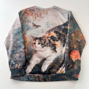 Whimsical Cat Print Pullover Size M
